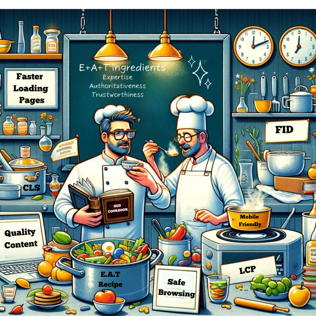 Chefs in a kitchen exemplifying the E.A.T. acronym